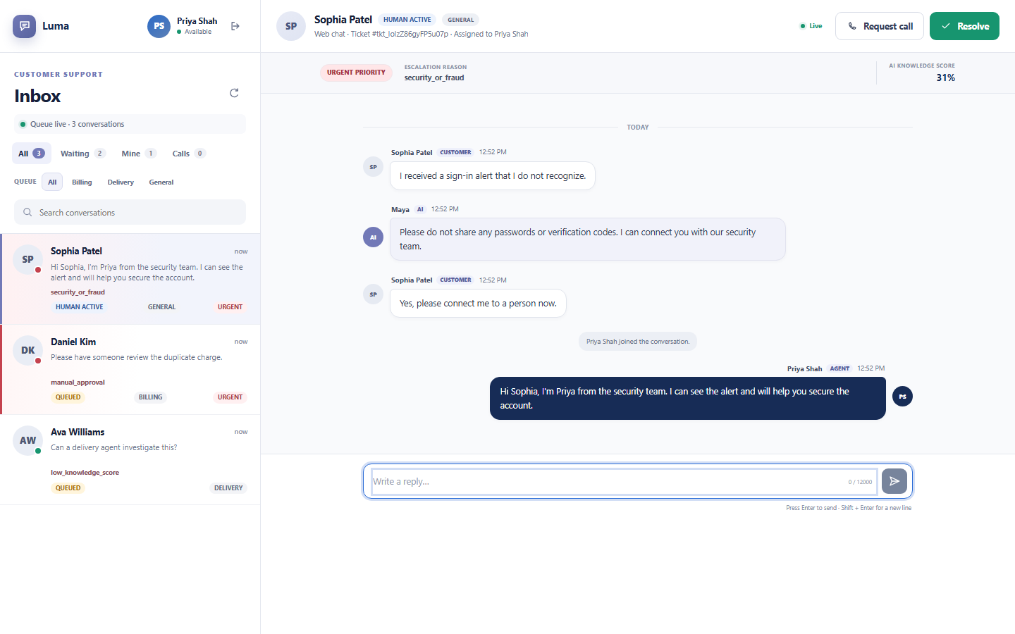 Luma Support agent inbox showing routed tickets and an active customer conversation